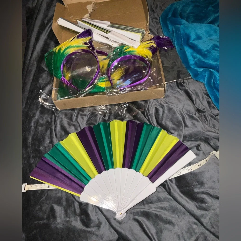 3pc Mardi Gras Vibrant Party Fan and Headband & SCARF set new